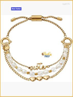Adjustable Layered Bracelet Set with Heart Charm and Pearl Strand
